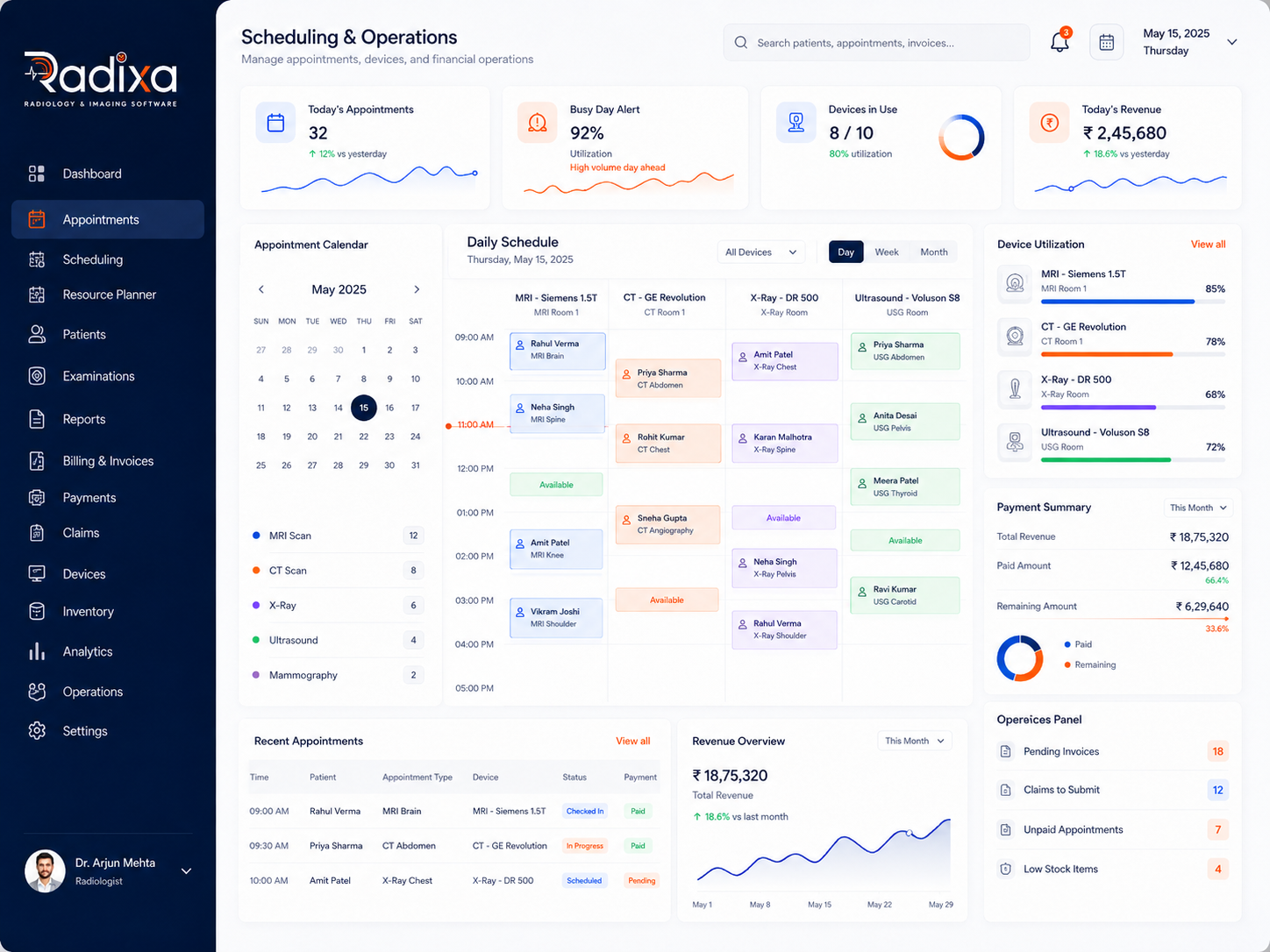 RadiXa scheduling operations mockup